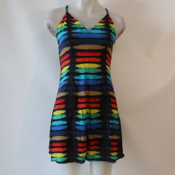 Women Alice + Olivia Rainbow Print Block Tie Dye Strappy Mini Dress 4 - Picture 3 of 10